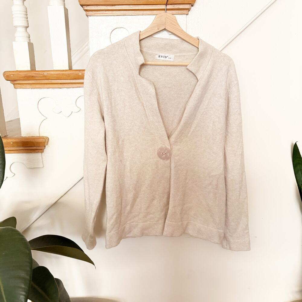 Evis Beige Lightweight Knit Cardigan Button Front Long Sleeve Sweater Size S/M